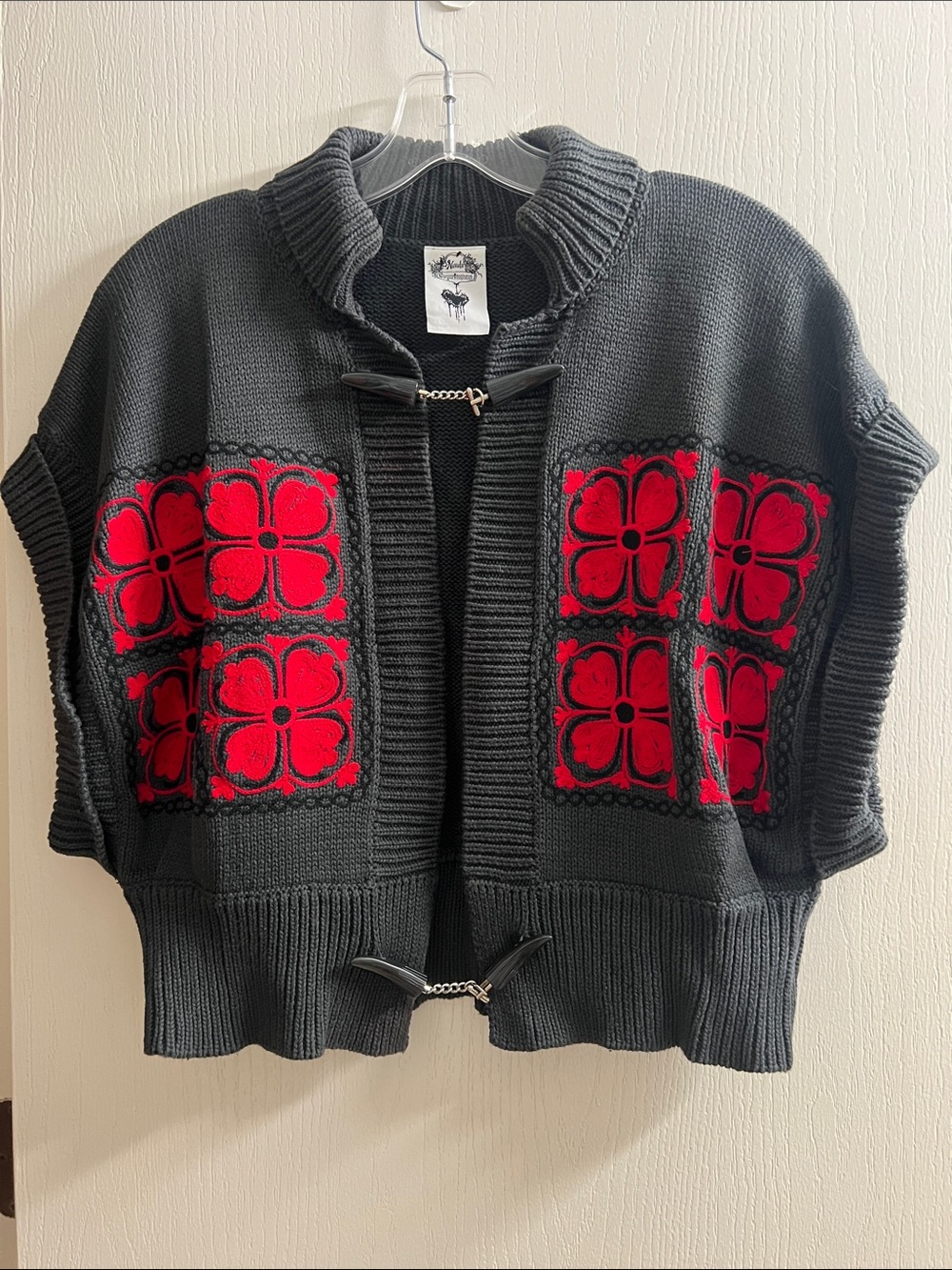 Black Short-Sleeve Knit Cardigan with Red Floral Panels